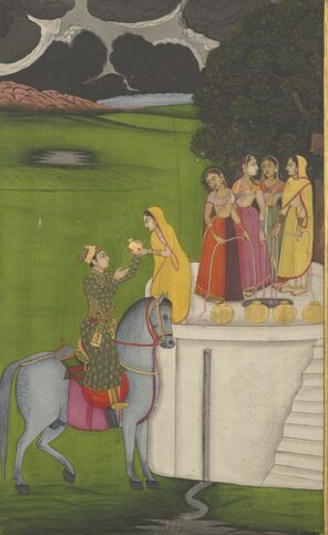 miniature from the Gentil collection—Hindu Woman Offering Water to a Mughal Prince (1760)